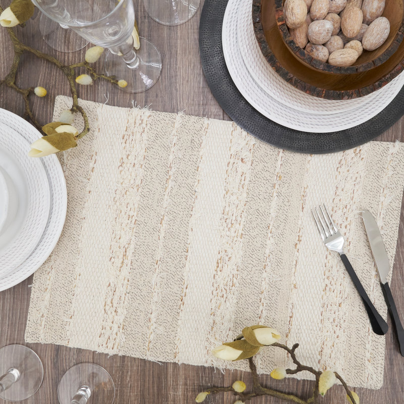 Ivory and Beige Cotton Fringe Stripe Placemats, Set of 4