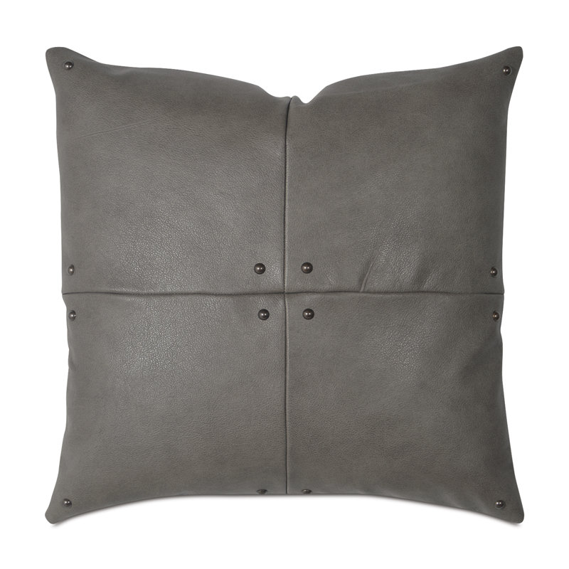 Gray Cowhide Leather Square Throw Pillow with Nailhead Details