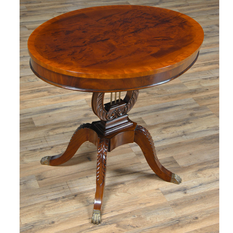 Elegant Lyre-Inspired 30'' Round Mahogany and Brass Table Lamp