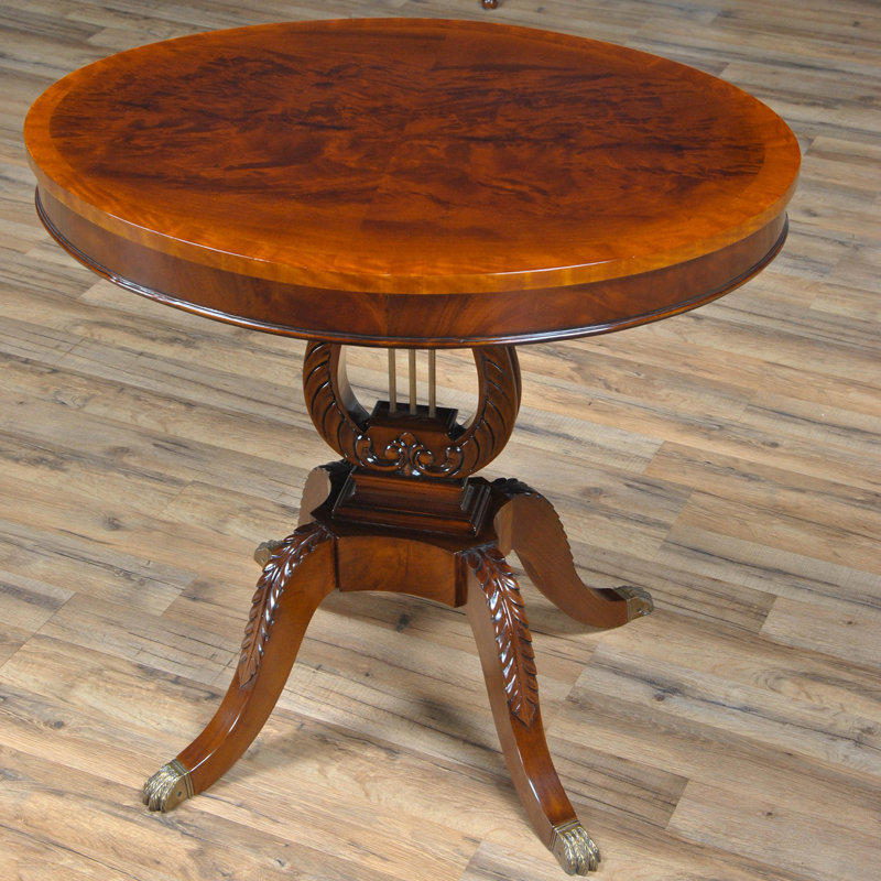 Elegant Lyre-Inspired 30'' Round Mahogany and Brass Table Lamp
