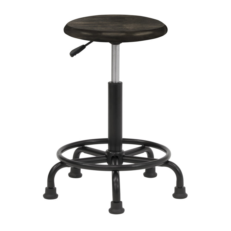 Antique Distressed Black Powder-Coated Steel Drafting Stool with Footring
