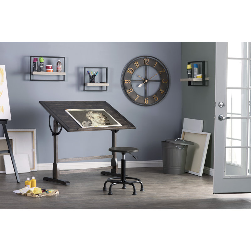 Antique Distressed Black Powder-Coated Steel Drafting Stool with Footring