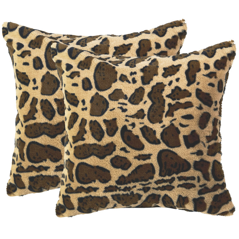 Set of 2 Brown Leopard Print Faux Fur Throw Pillows