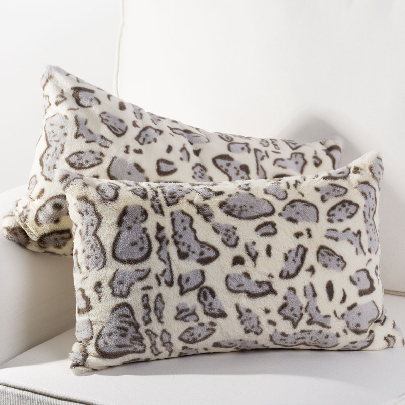 Set of 2 Gray Animal Print Faux Fur Lumbar Throw Pillows