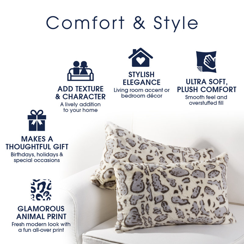 Set of 2 Gray Animal Print Faux Fur Lumbar Throw Pillows