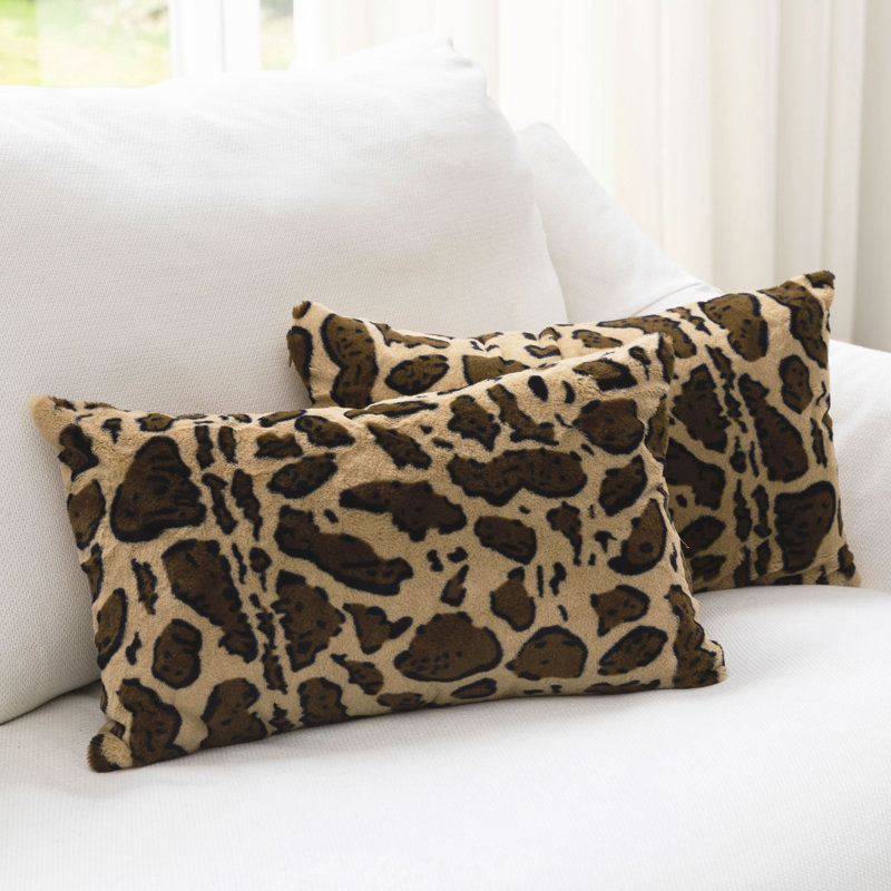 Set of 2 Brown Faux Fur Leopard Print Throw Pillows