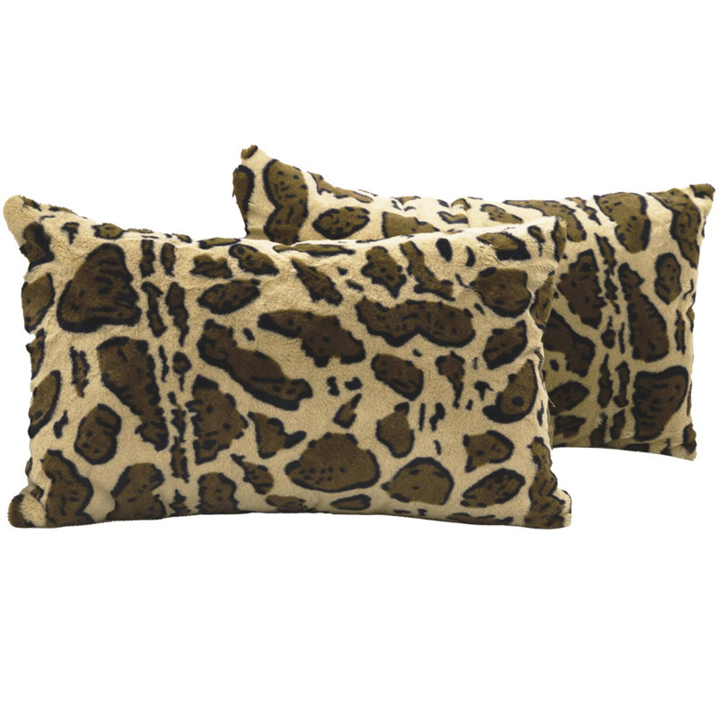 Set of 2 Brown Faux Fur Leopard Print Throw Pillows