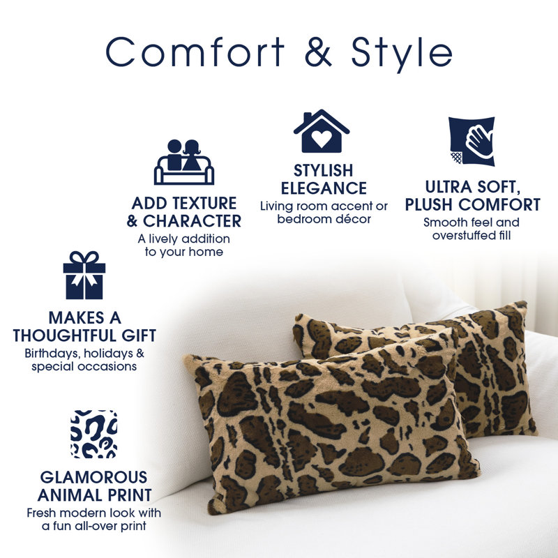 Set of 2 Brown Faux Fur Leopard Print Throw Pillows
