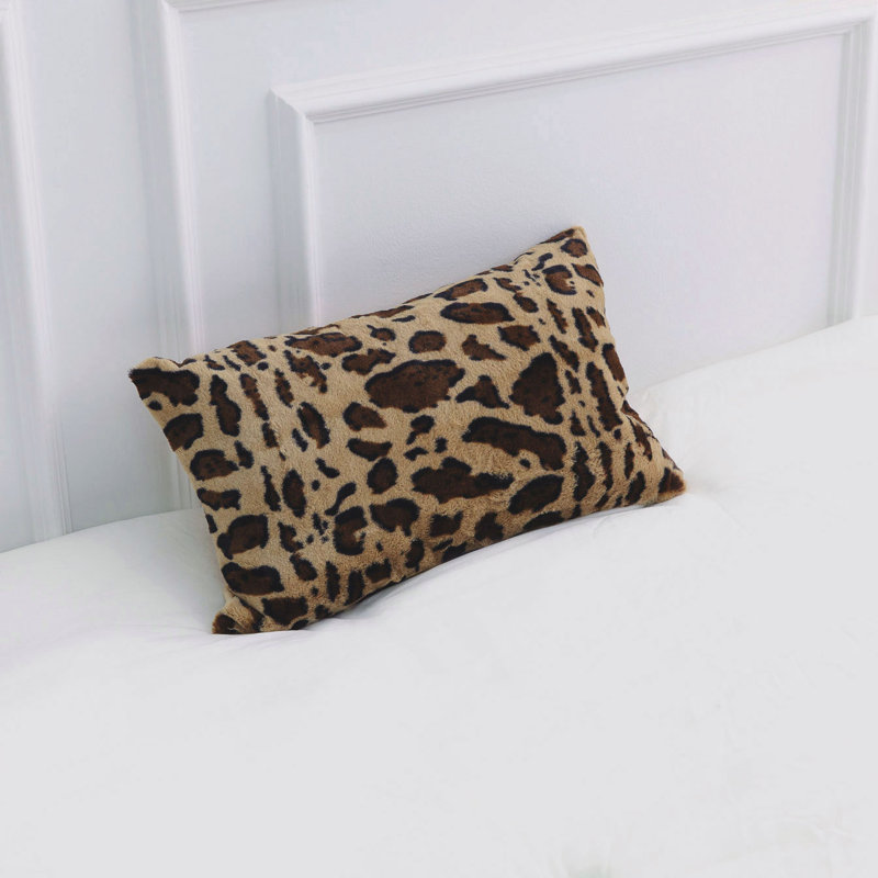 Set of 2 Brown Faux Fur Leopard Print Throw Pillows