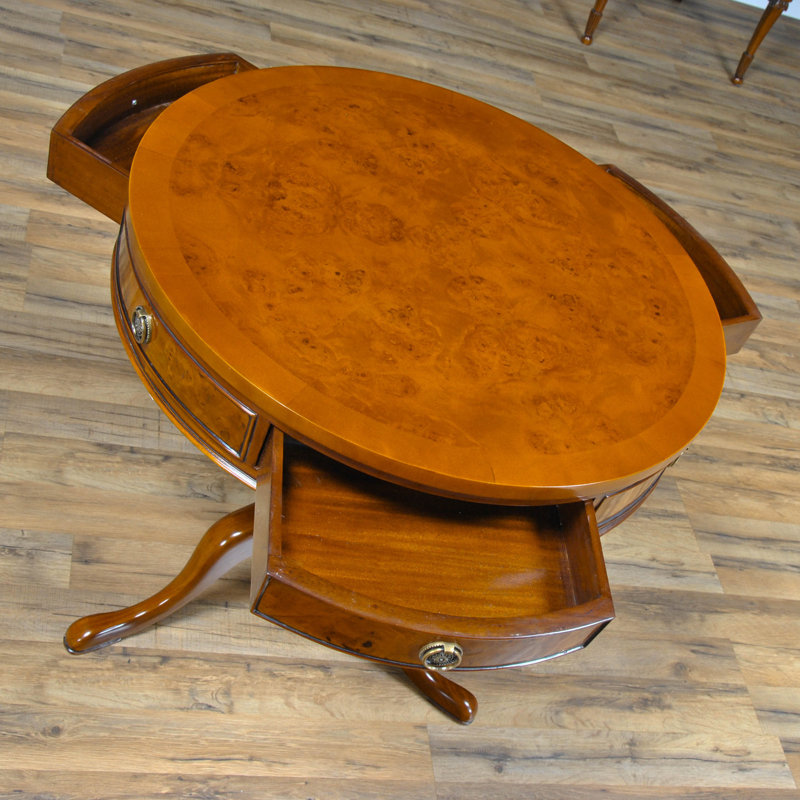 Queen Ann Burled Mahogany Round End Table with Storage