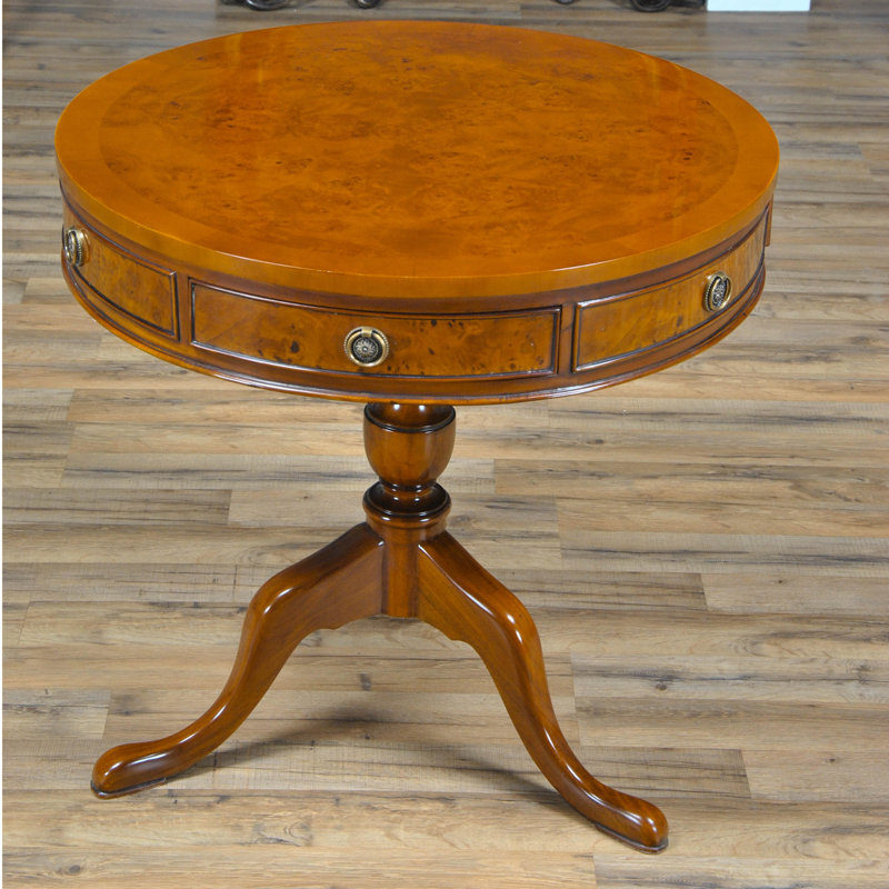 Queen Ann Burled Mahogany Round End Table with Storage
