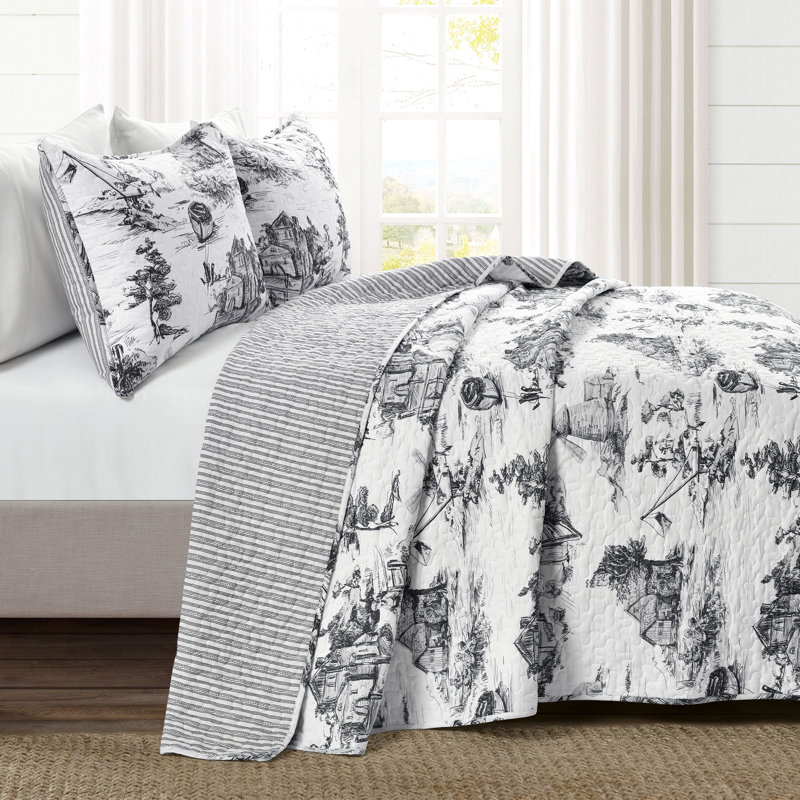 French Country Toile Yellow & White Cotton Full Quilt Set