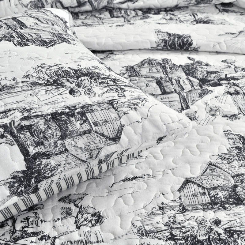 French Country Toile Yellow & White Cotton Full Quilt Set