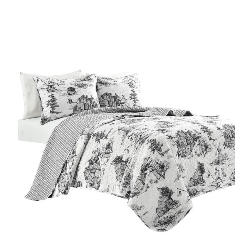 French Country Toile Yellow & White Cotton Full Quilt Set