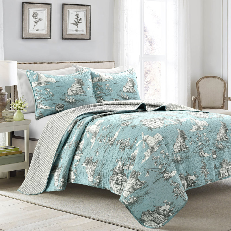 French Country Toile Yellow & White Cotton Full Quilt Set
