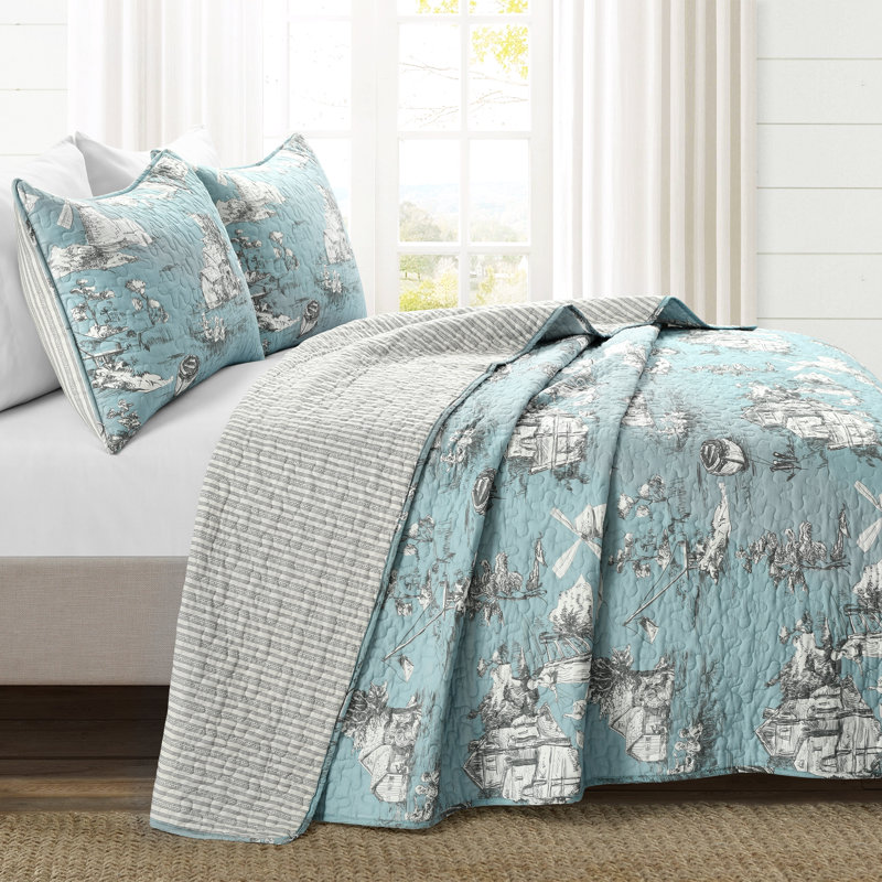 French Country Toile Yellow & White Cotton Full Quilt Set
