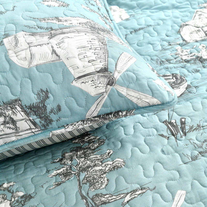 French Country Toile Yellow & White Cotton Full Quilt Set