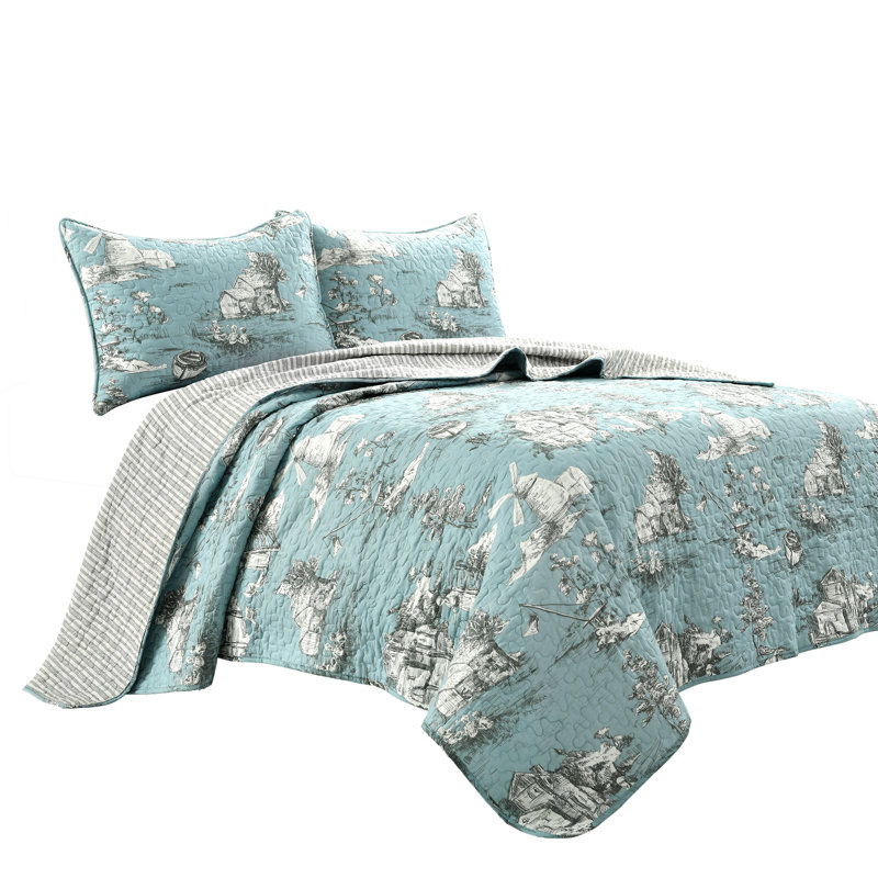 French Country Toile Yellow & White Cotton Full Quilt Set