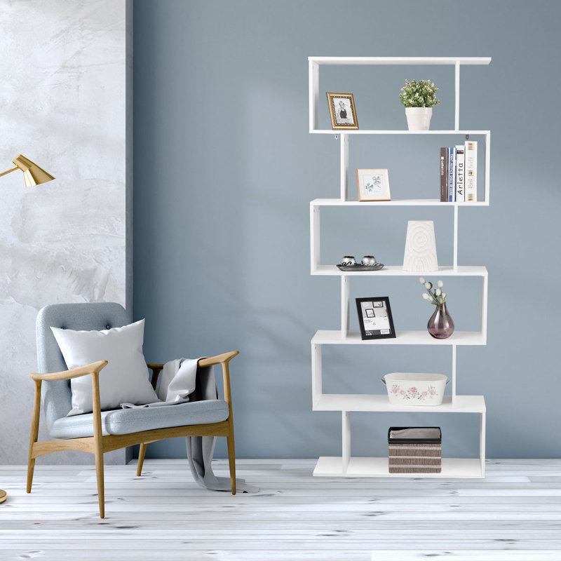 White Geometric S-Shaped 6-Tier Wooden Bookcase