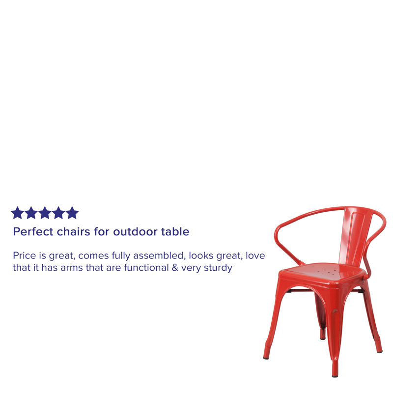 Vibrant Red Steel Slat-Back Indoor-Outdoor Dining Chair with Arms