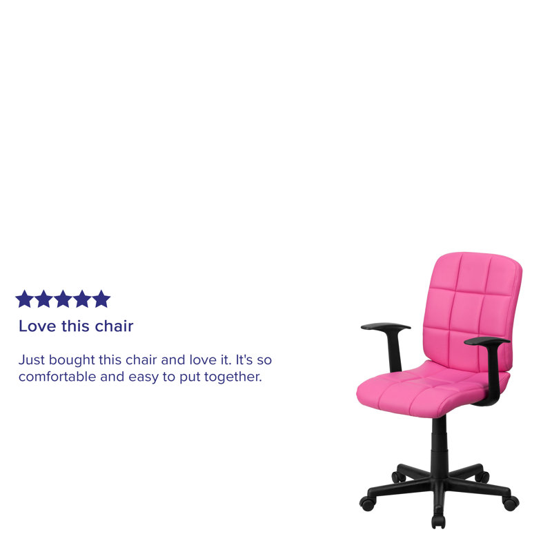 Elegant Mid-Back Pink Quilted Vinyl Swivel Task Chair with Arms