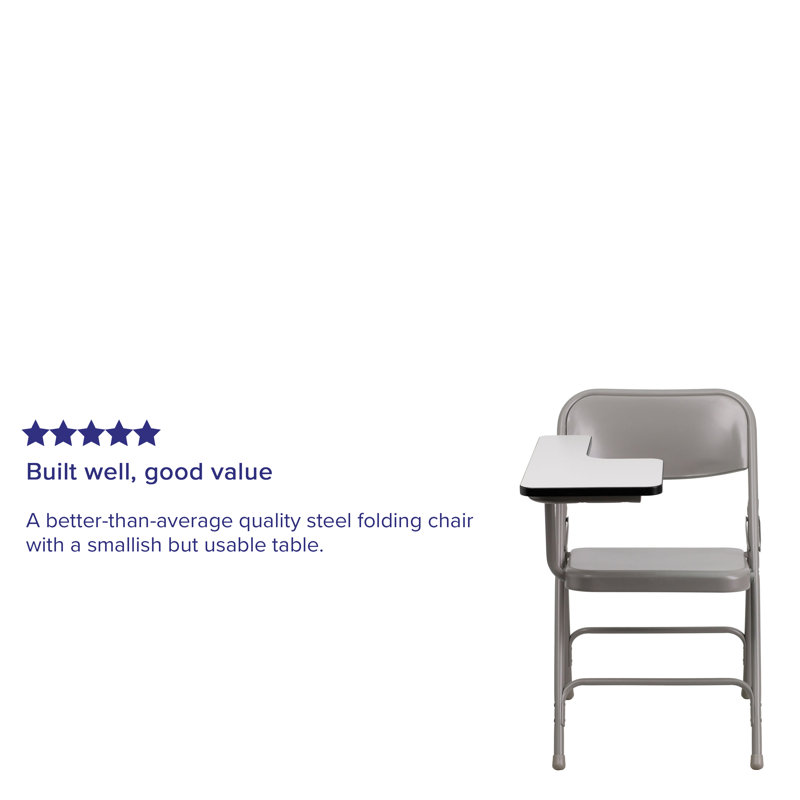 Beige and Brown Metal Folding Chair with Tablet Arm