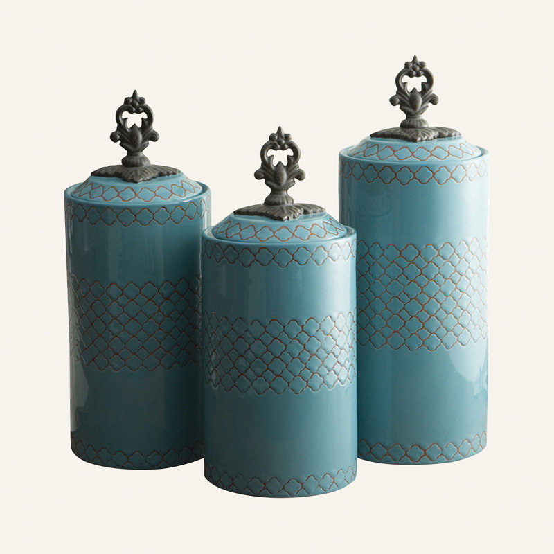 Elegant Blue Antique Ceramic Kitchen Canister 3-Piece Set