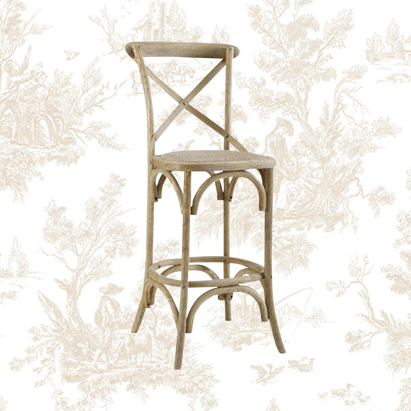 Larghetto Elm Wood and Rattan Country Charm Barstool, Gray