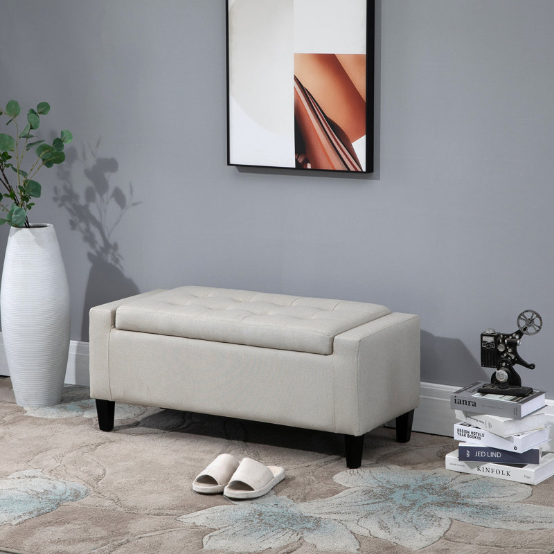 HOMCOM Classic Beige Linen Upholstered Storage Ottoman Bench