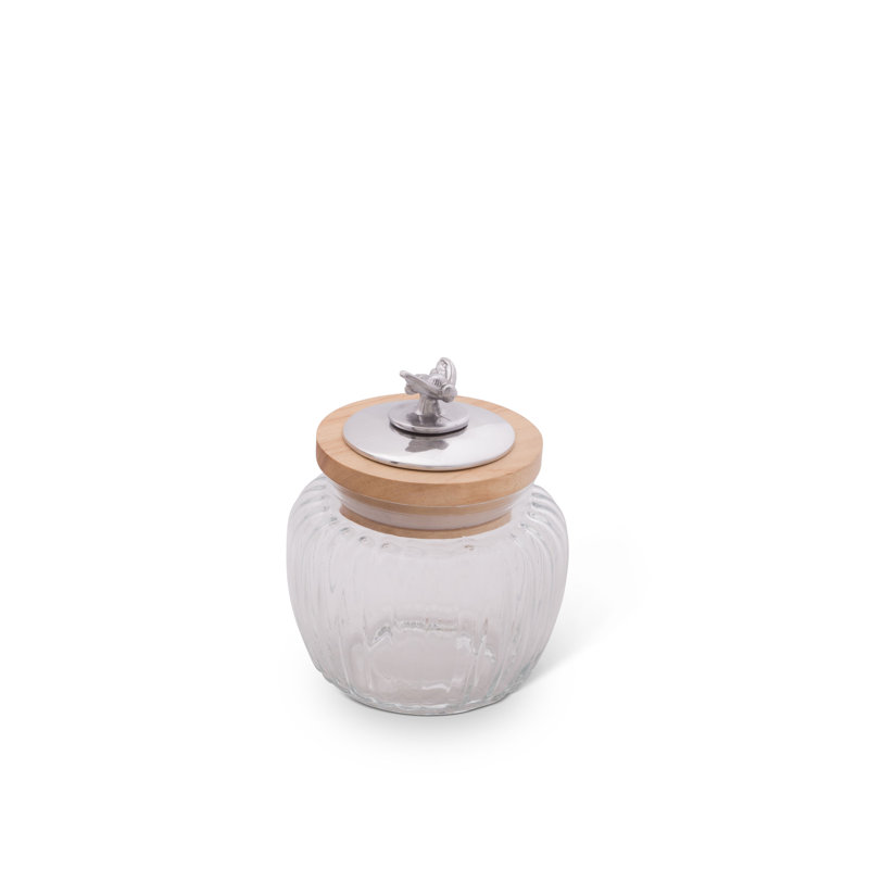 Small Clear Glass Canister with Acacia Wood Lid and Metal Bee Finial