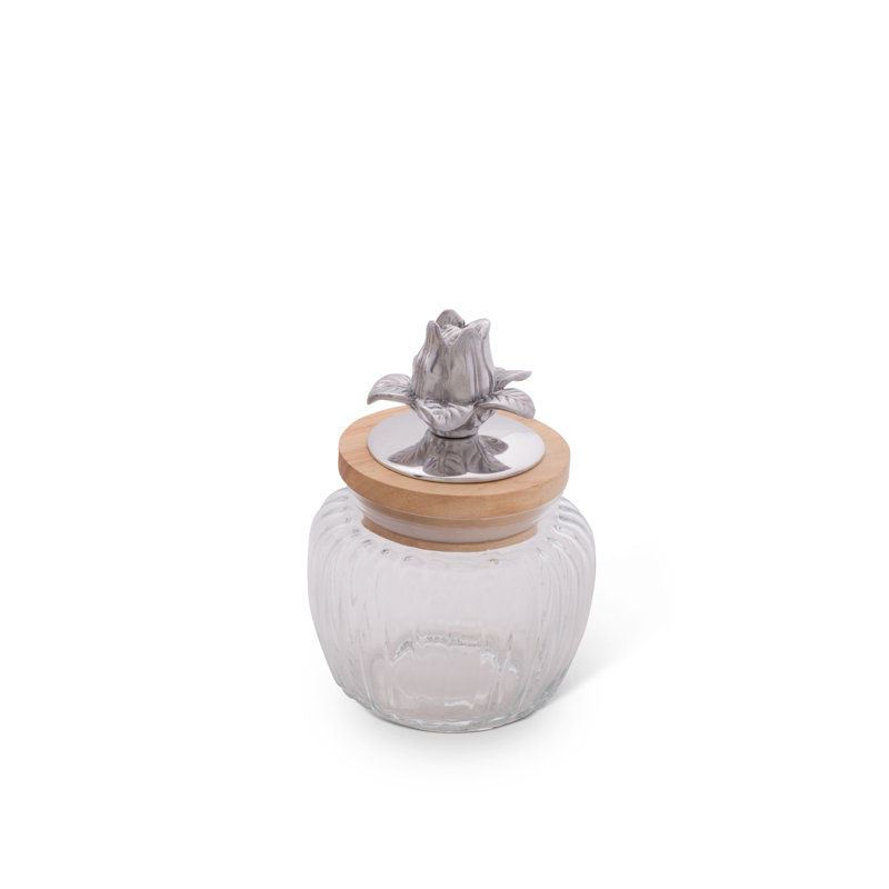 Small Clear Striped Glass Canister with Acacia Wood Lid
