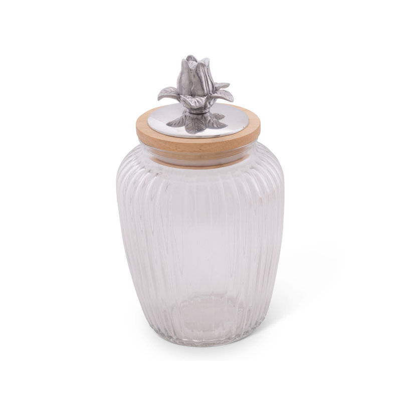 Large Clear Striped Glass Canister with Acacia Wood Lid