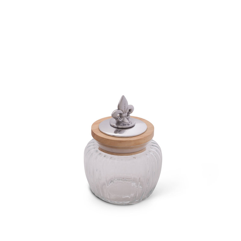 Small Clear Glass Jar with Acacia Wood Lid and Aluminum Fleur De Lis Handle