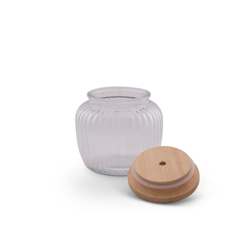 Medium Clear Glass Canister with Acacia Wood Lid and Fleur De Lis Finial