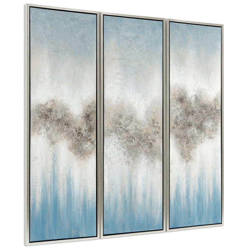 Sequence Blue and Silver Abstract Triptych Canvas Painting