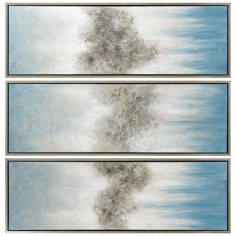 Sequence Blue and Silver Abstract Triptych Canvas Painting