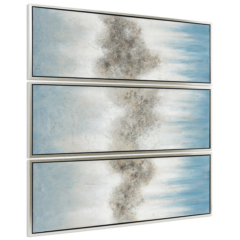 Sequence Blue and Silver Abstract Triptych Canvas Painting