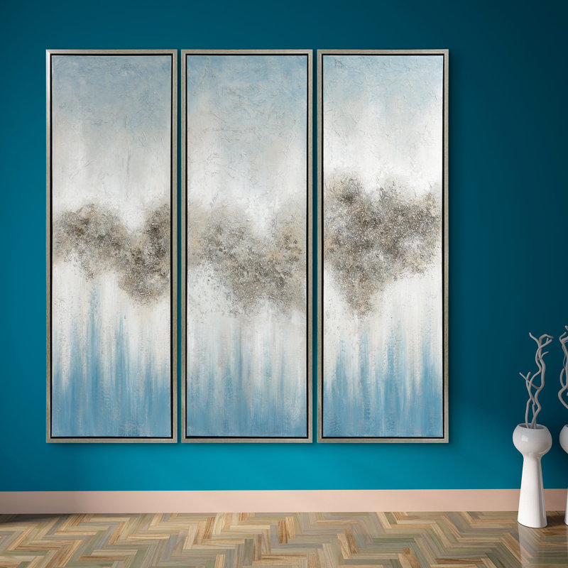 Sequence Blue and Silver Abstract Triptych Canvas Painting