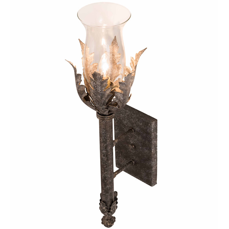 Ash Finish Glass Hurricane Wall Sconce with Faux Candlelight