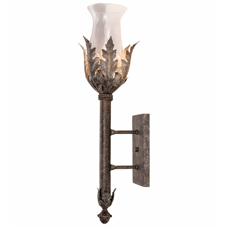Ash Finish Glass Hurricane Wall Sconce with Faux Candlelight