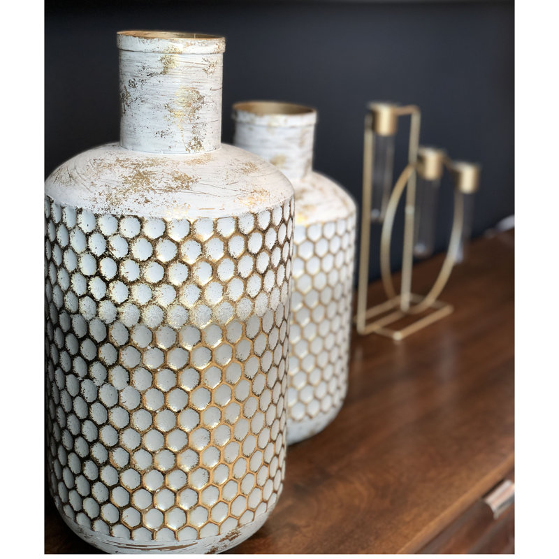 White and Gold Cylindrical Metal Table Vase Set