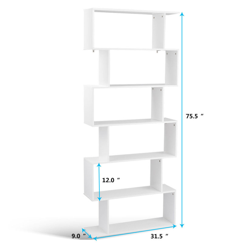 White Geometric S-Shaped 6-Tier Wooden Bookcase