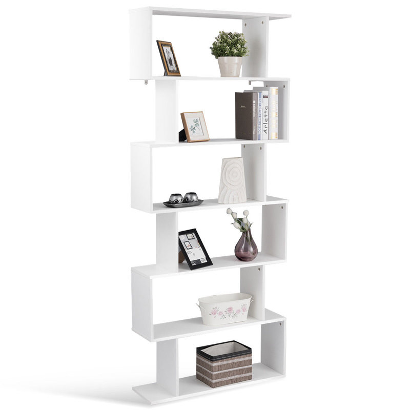 White Geometric S-Shaped 6-Tier Wooden Bookcase