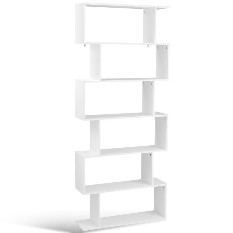 White Geometric S-Shaped 6-Tier Wooden Bookcase