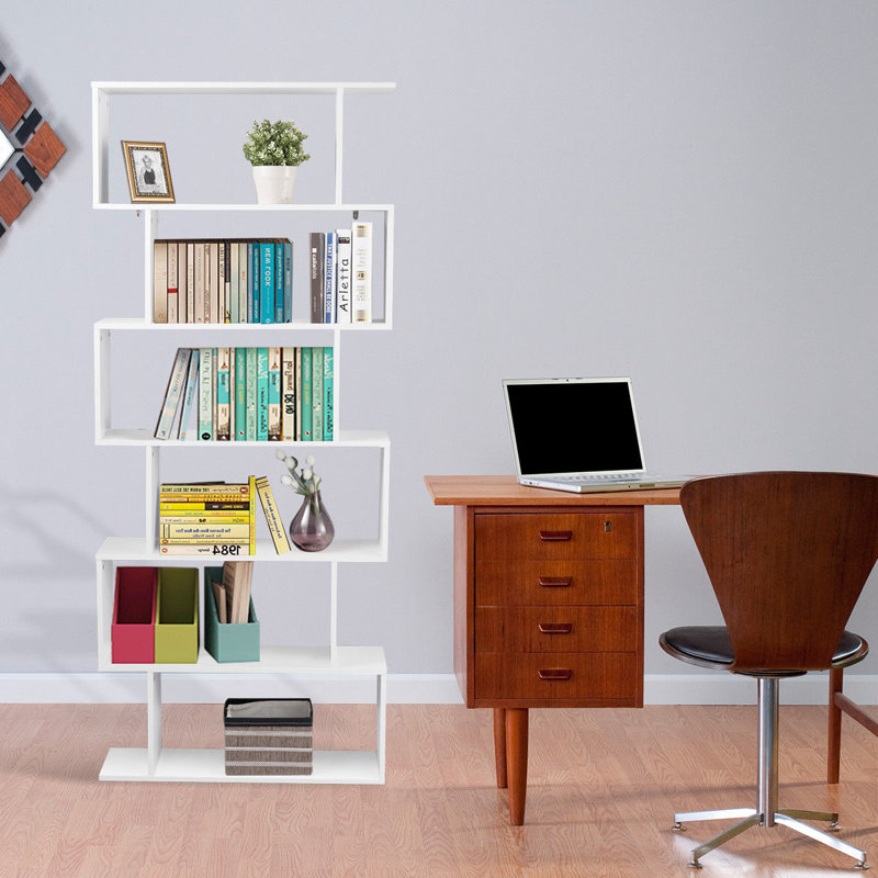 White Geometric S-Shaped 6-Tier Wooden Bookcase