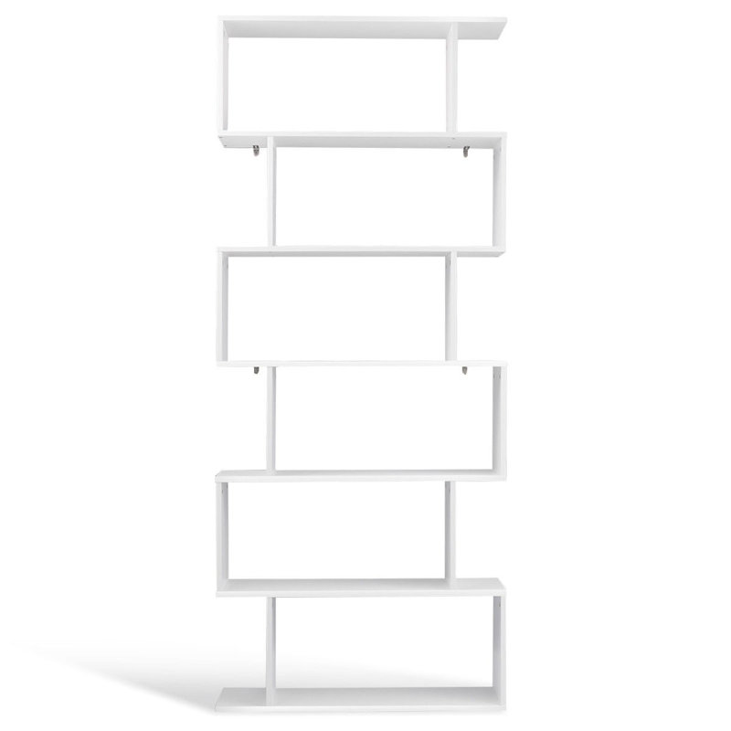 White Geometric S-Shaped 6-Tier Wooden Bookcase