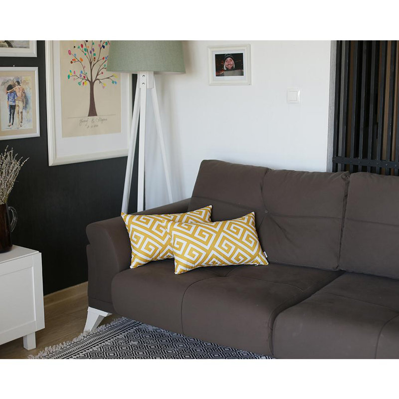 Yellow and White Greek Key Polyester Lumbar Pillow Cover Set