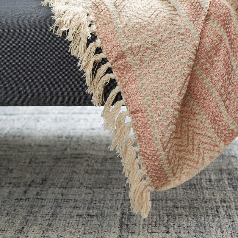 Beige and Copper Cotton Reversible Fringe Throw Blanket