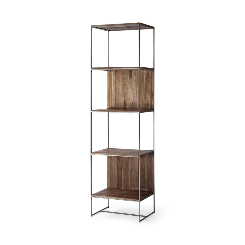 Sagan Narrow Brown Wood and Silver Metal Etagere Bookcase