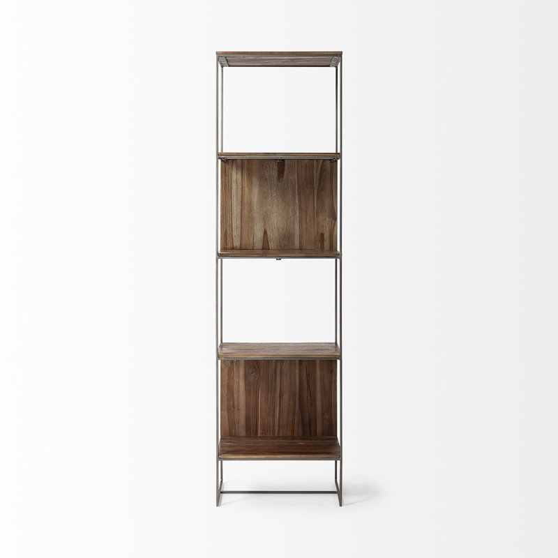 Sagan Narrow Brown Wood and Silver Metal Etagere Bookcase